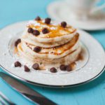 Vegan chocolate chip pancakes recipe featuring fairtrade and organic ingredients on Rosette Fair Trade (square)