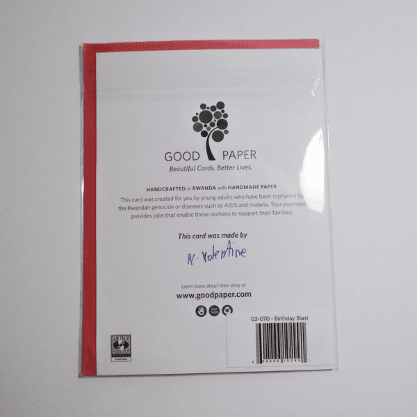 Fair trade birthday blast handmade card (back) by Good Paper on Rosette Fair Trade