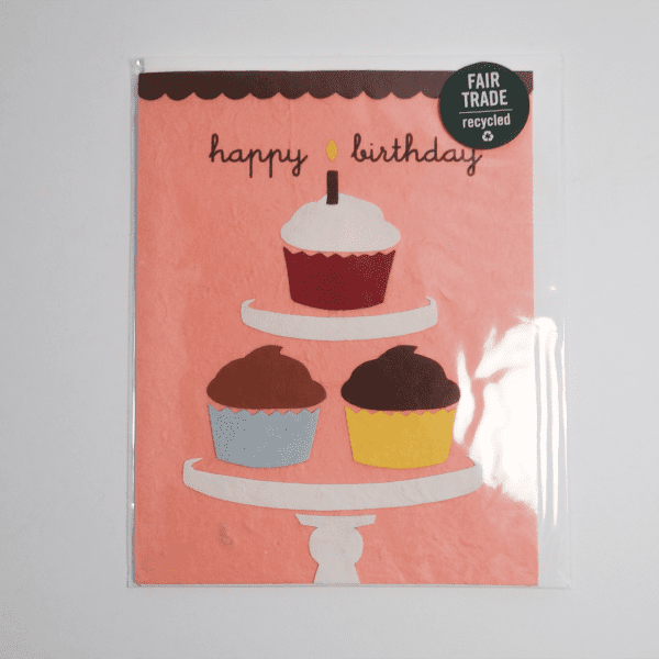 Fair trade birthday cupcakes handmade card (front) by Good Paper on Rosette Fair Trade