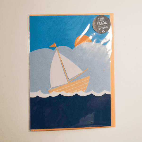 Fair trade sail away blank handmade card (front) by Good Paper on Rosette Fair Trade