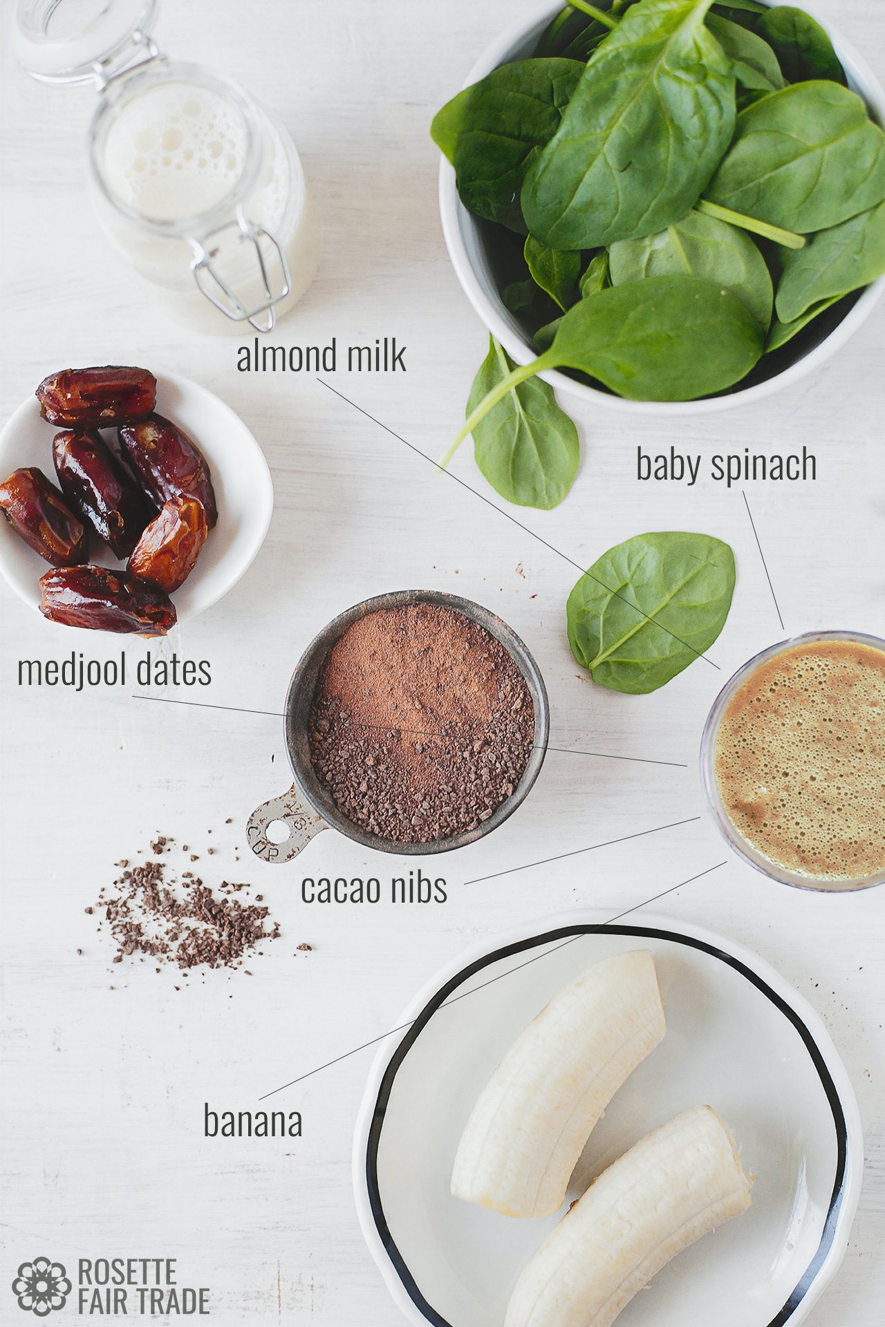 Green sunshine smoothie recipe on Rosette Fair Trade (cacao version)