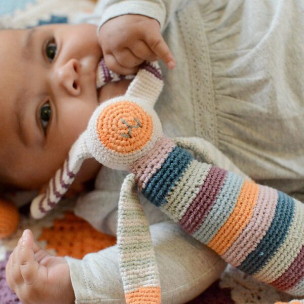 Organic cotton baby rattle by Pebble Toys on Rosette Fair Trade
