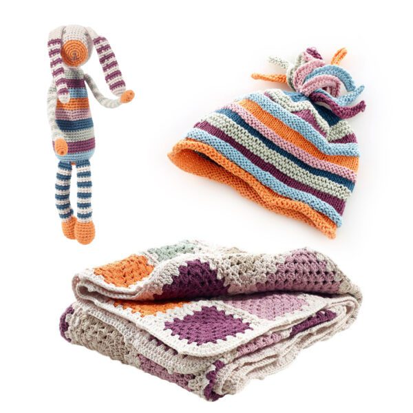 Organic baby gift bundle (purple) by Pebble Toys on the Rosette Fair Trade online store