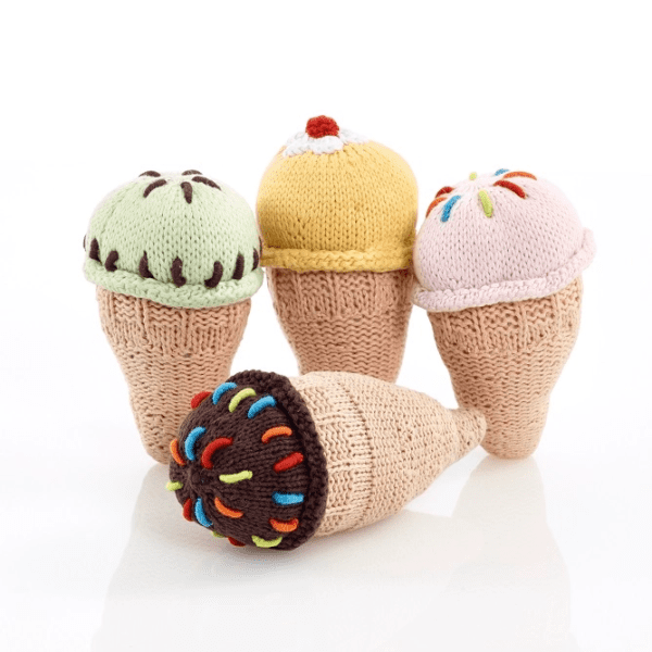 Ice cream handmade rattle by Pebble Toys (fair trade, organic cotton) on the Rosette Network