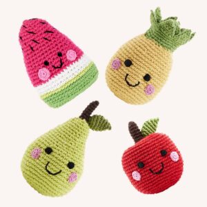 Friendly fruit handmade rattles by Pebble Toys (fair trade, organic) on the Rosette Network