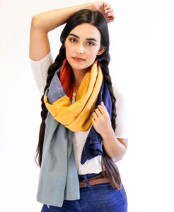 Organic cotton colour block scarf (rainbow pattern) by Anchal Project on Rosette Fair Trade