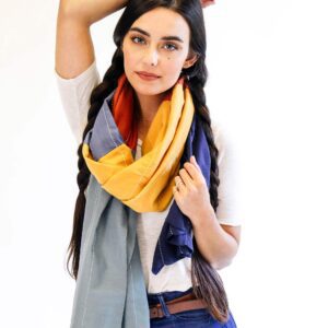 Organic cotton colour block scarf (rainbow pattern) by Anchal Project on Rosette Fair Trade